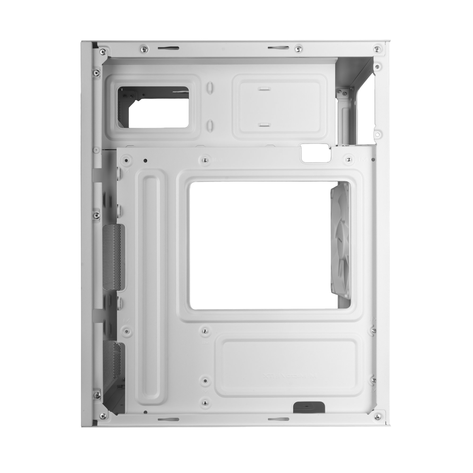 Interno vuoto del case PC bianco con ventola e punti di montaggio.