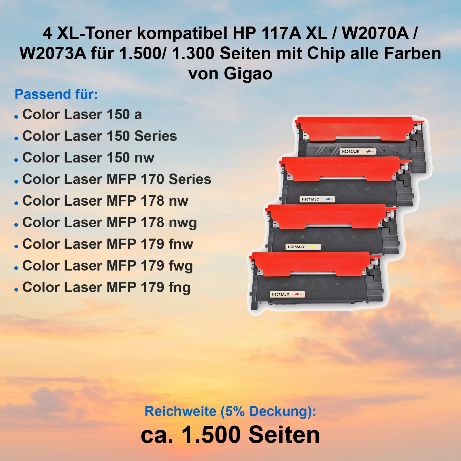 Vier XL Toner kompatibel mit HP 117A XL. Liste von Druckermodellen.