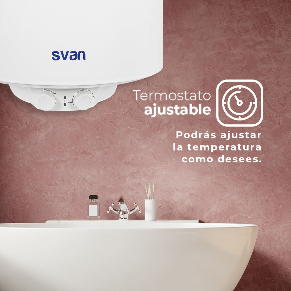 Calentador de agua Svan blanco con control de termostato ajustable sobre una bañera.