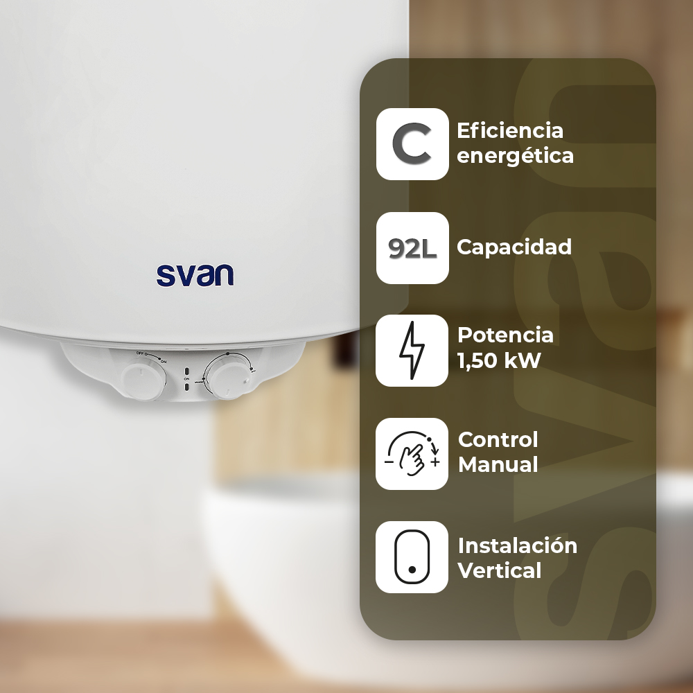Calentador Svan blanco: 92L capacidad, 1.50 kW, control manual, instalación vertical.