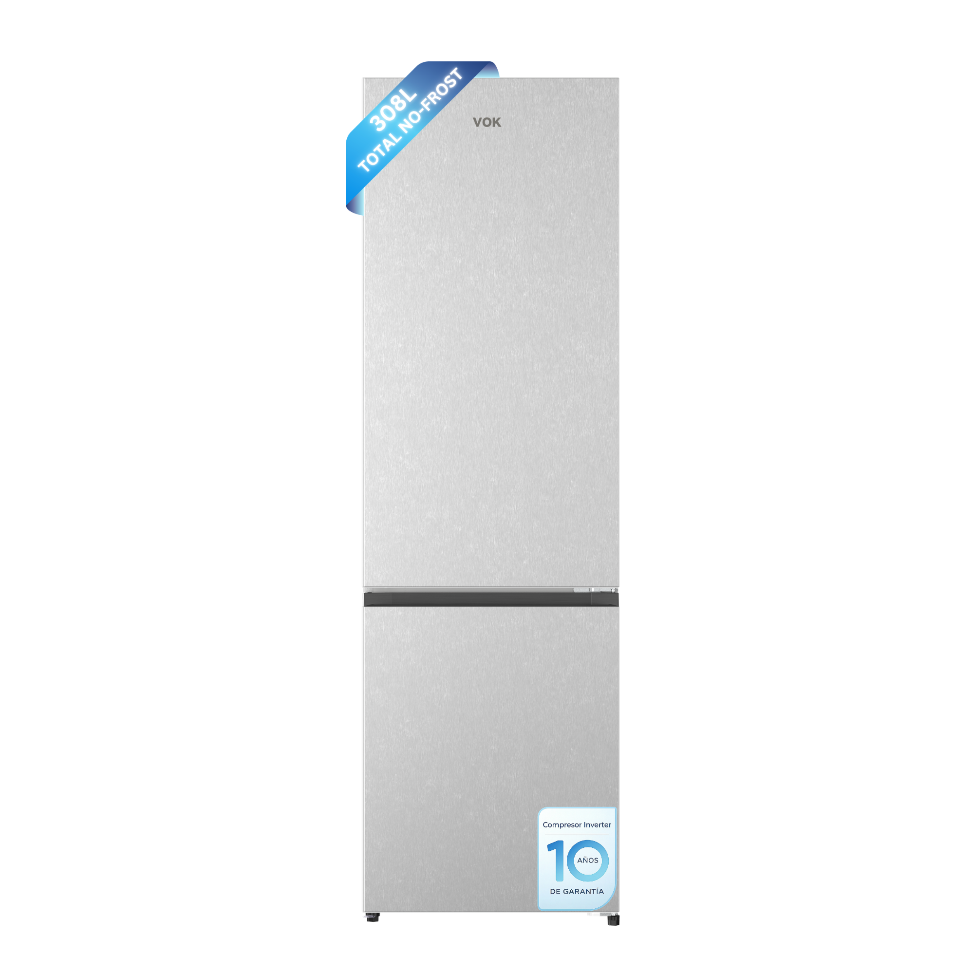 Un refrigerador plateado con congelador, 308L, Total No-Frost, garantía 10 años.