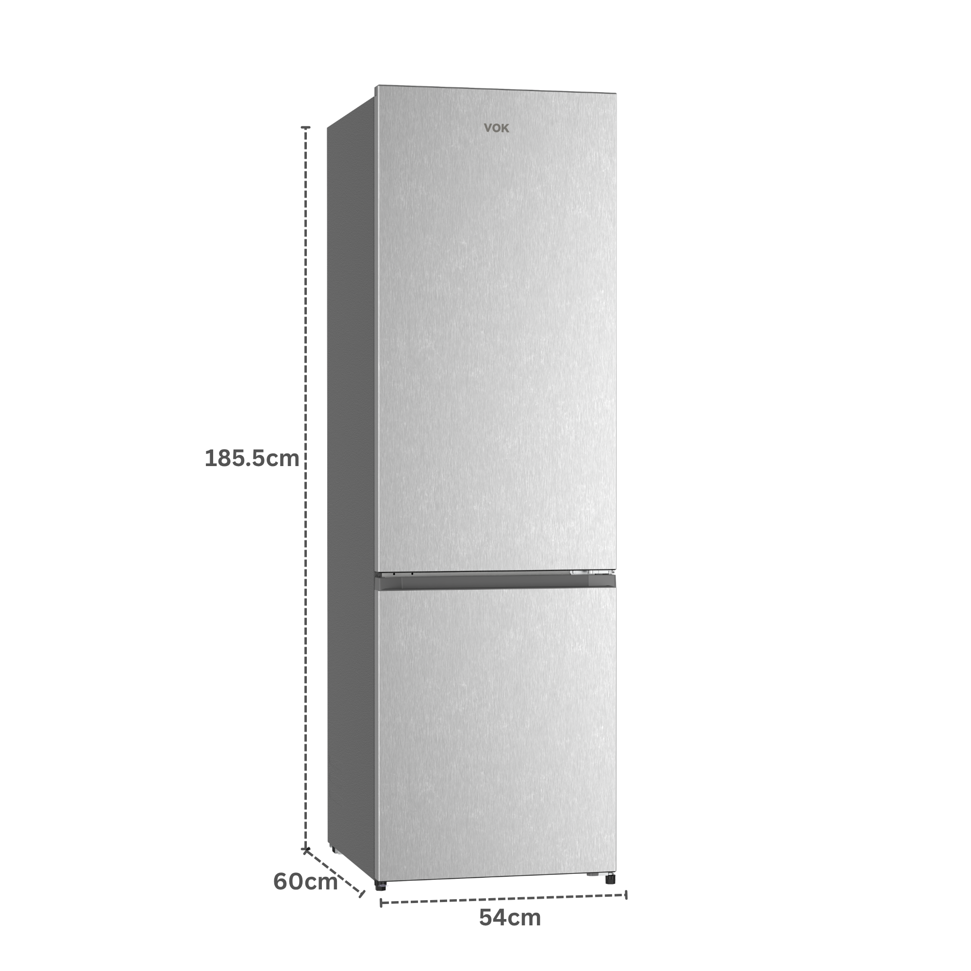 Un refrigerador plateado con compartimento congelador, 185,5 cm de alto.
