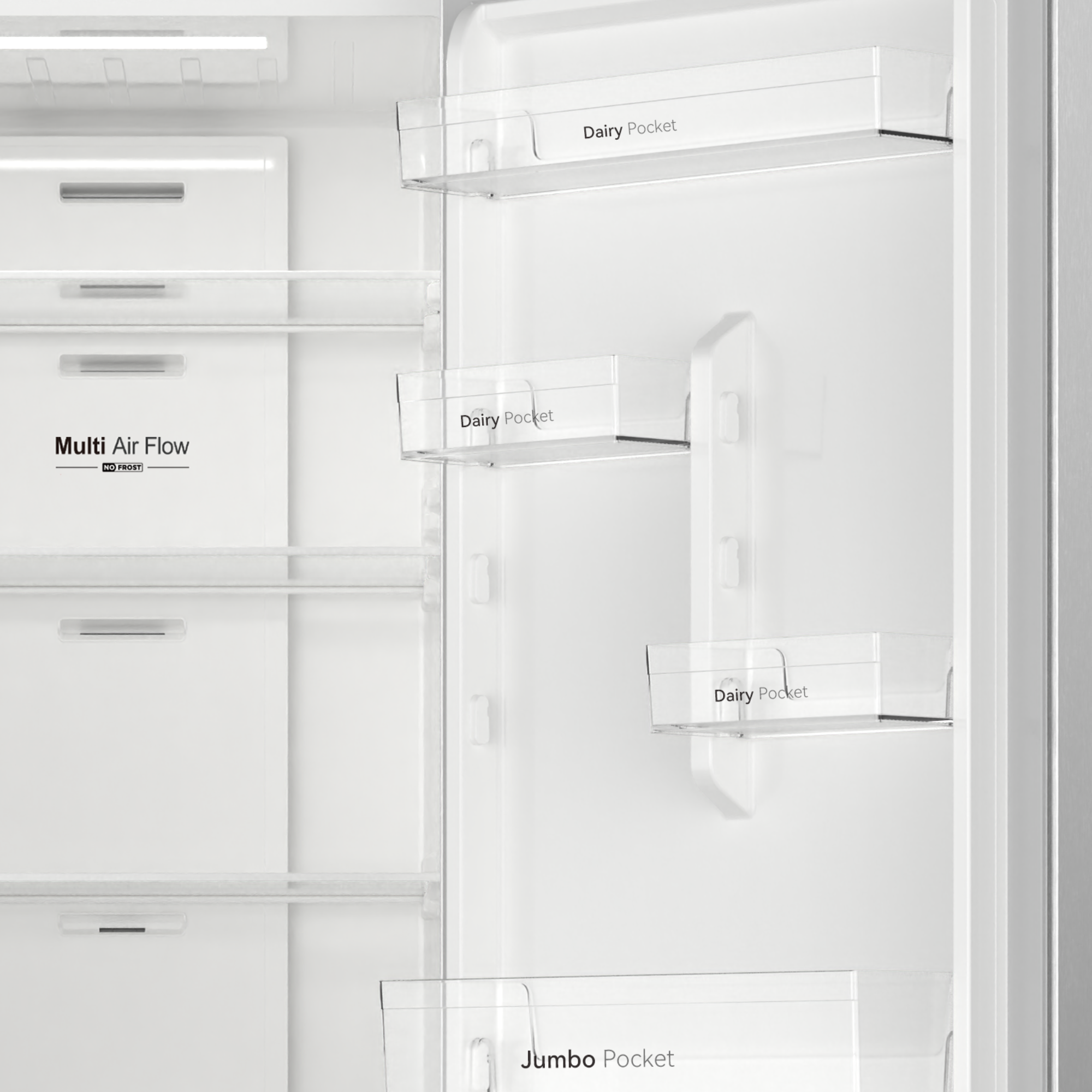 Interior de un refrigerador blanco con estantes y compartimentos transparentes.