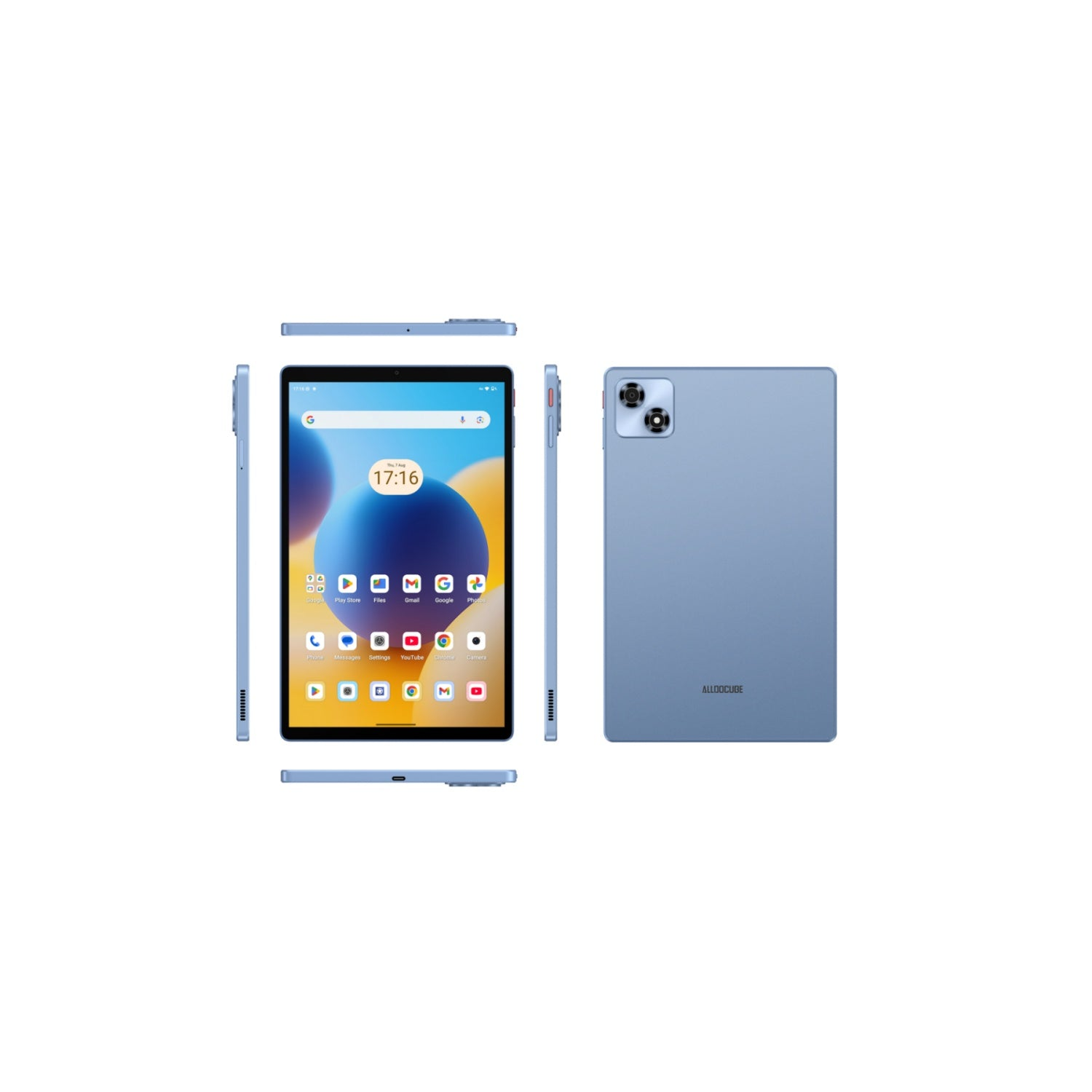 Una tableta azul que muestra aplicaciones y cámaras en su pantalla.