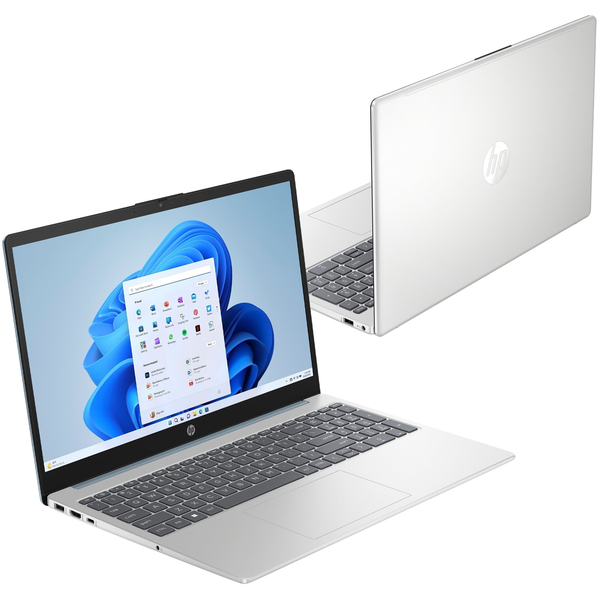 Dwa srebrne laptopy HP. Jeden jest otwarty, pokazując Windows 11. Drugi jest zamknięty.