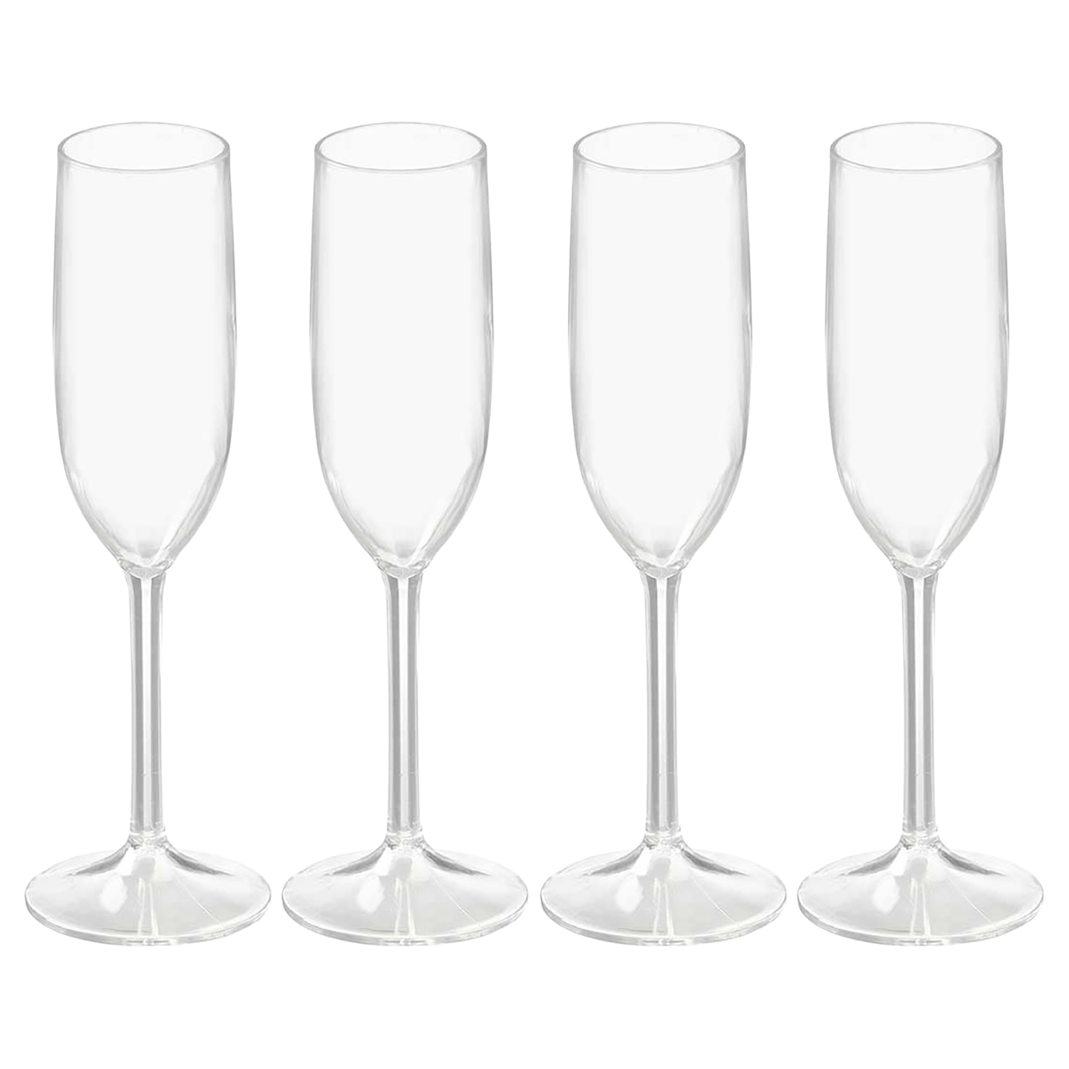 Quattro flûte da champagne trasparenti su sfondo bianco.