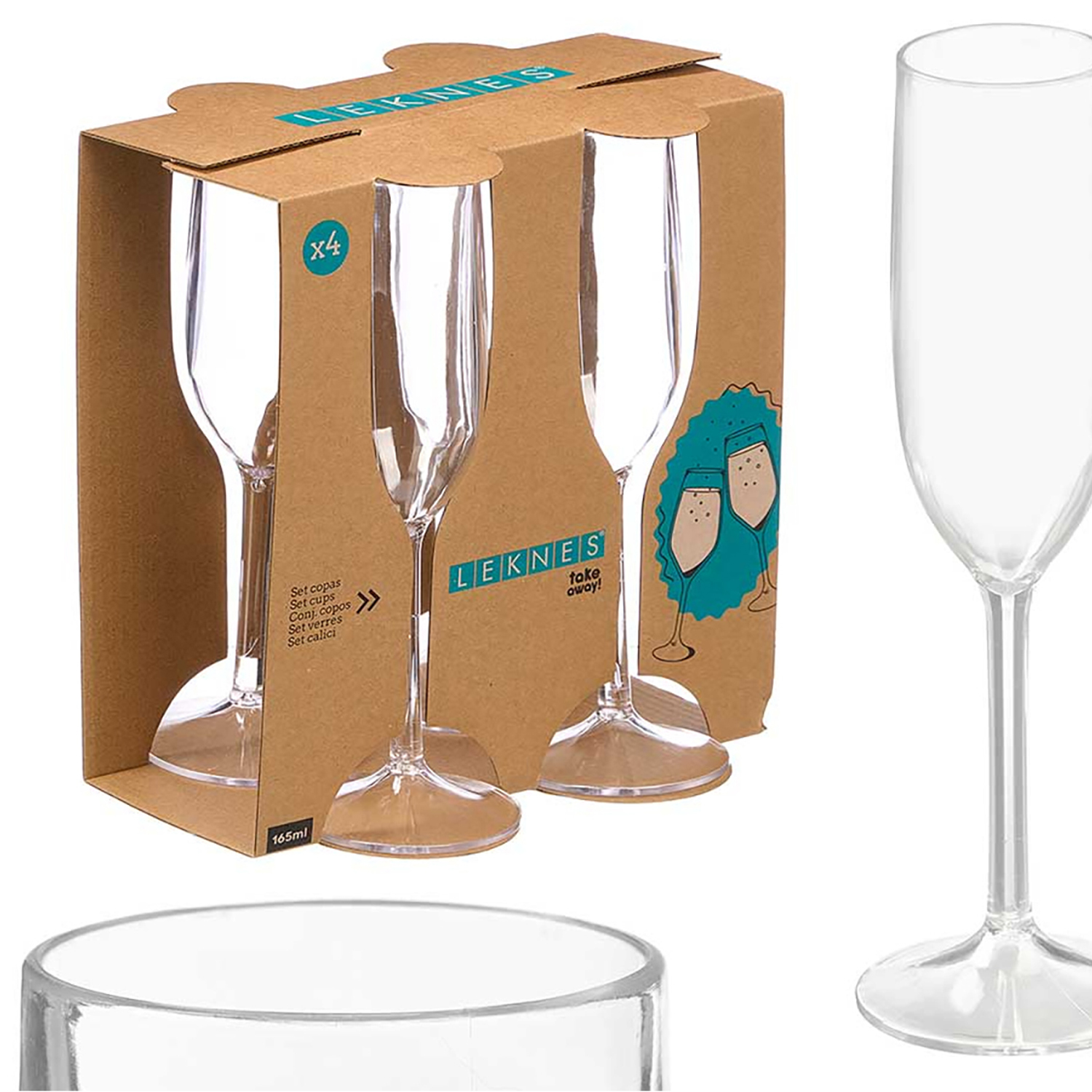 Confezione di quattro flûte da champagne in plastica con una singola flûte a lato.