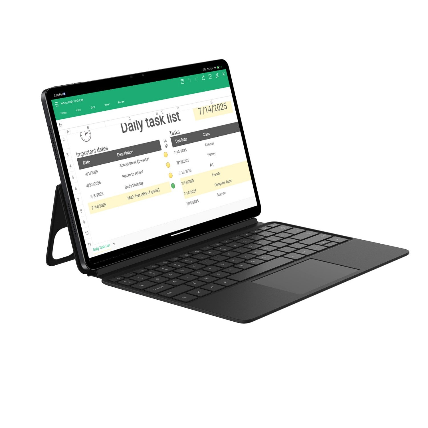 Una tableta con teclado muestra una lista de tareas diarias con fechas y tareas importantes.