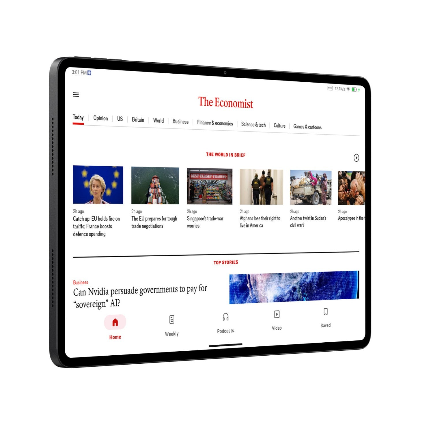 Tableta mostrando la app de noticias The Economist con titulares y artículos.