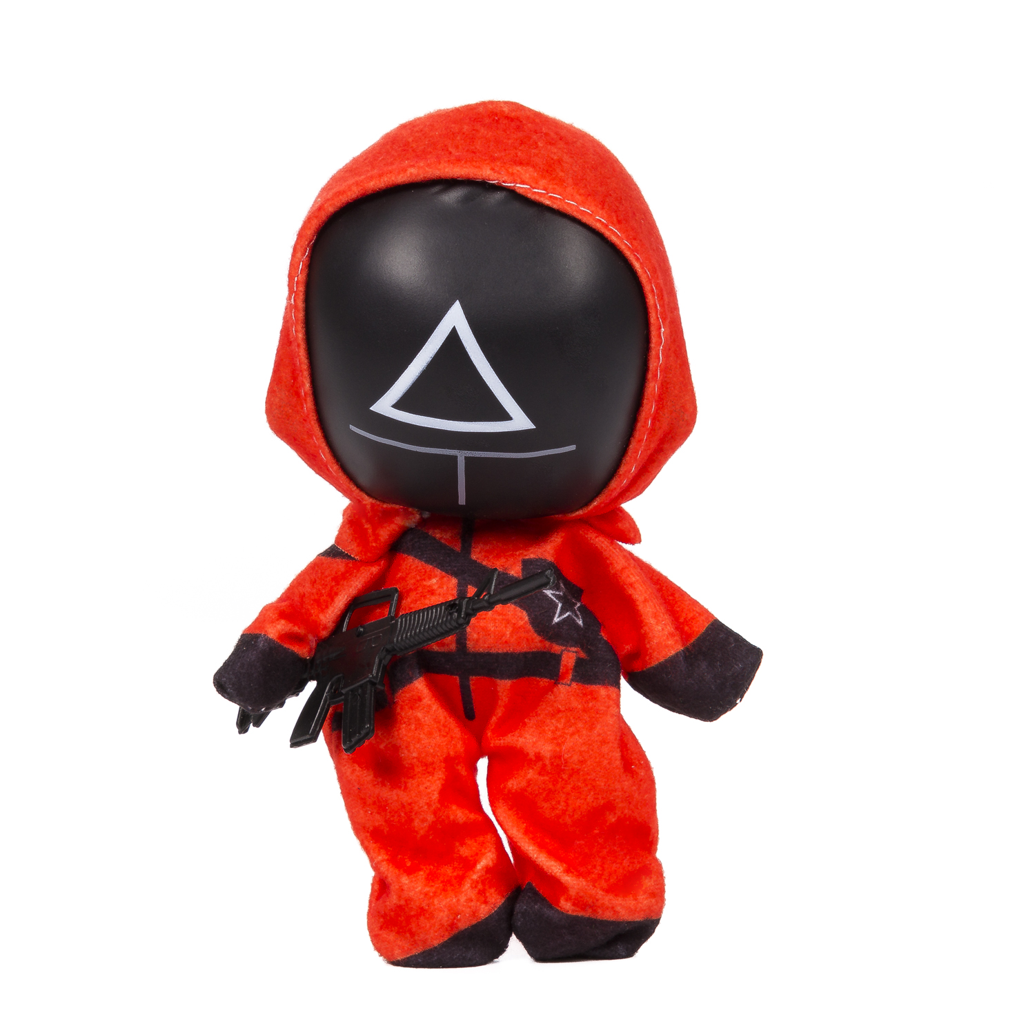 Un peluche in tuta rossa con maschera nera e simbolo a triangolo.