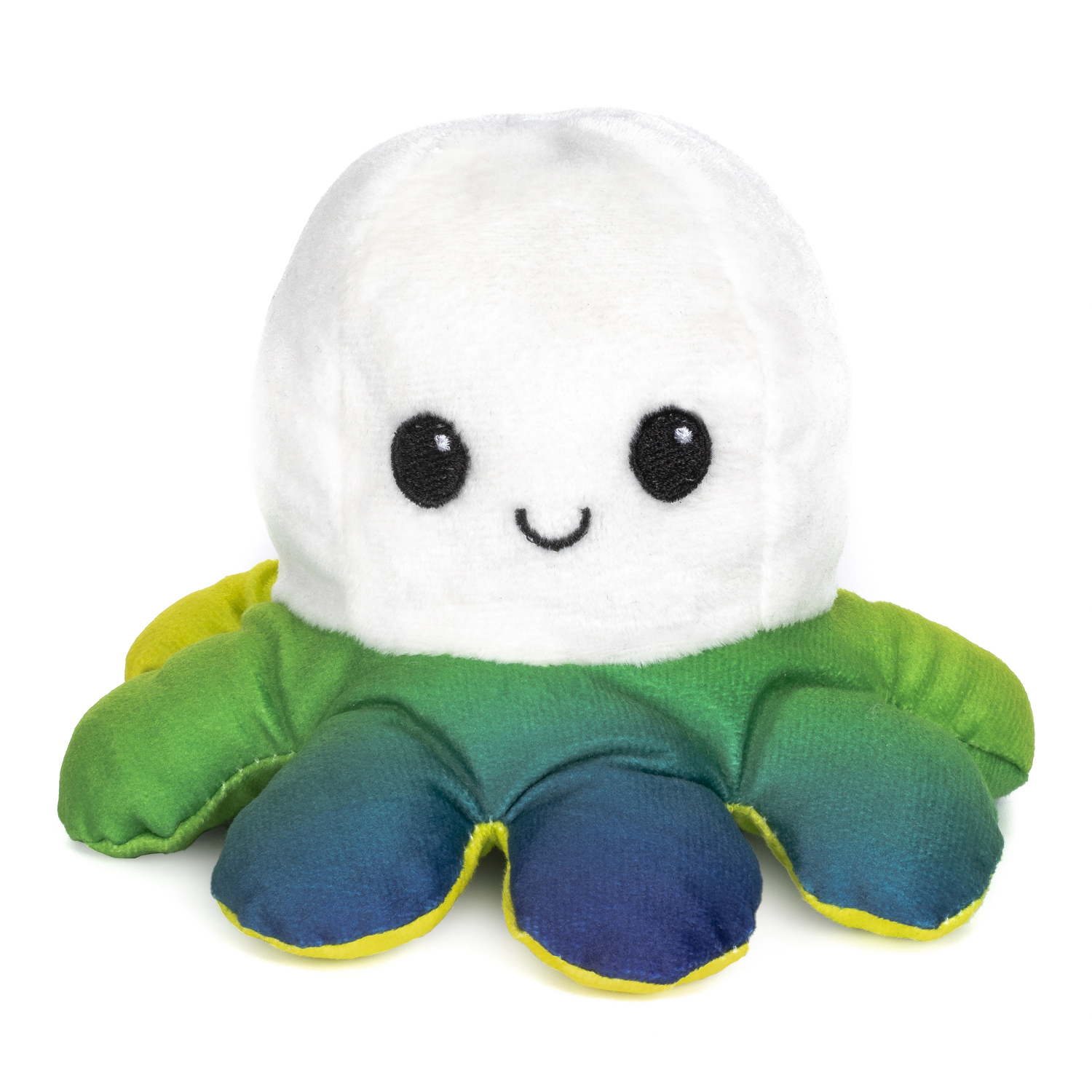 Un pulpo de peluche con cabeza blanca y brazos coloridos, sobre blanco.