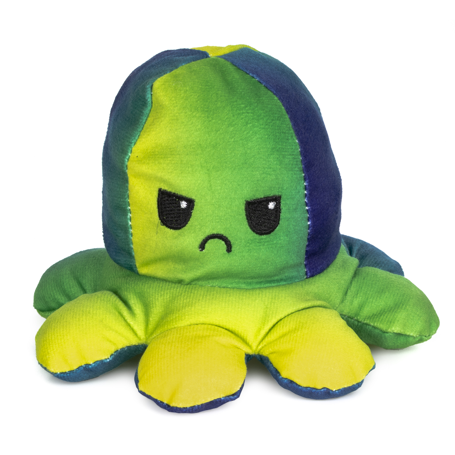 Un peluche de pulpo enfadado en verde, amarillo y azul.