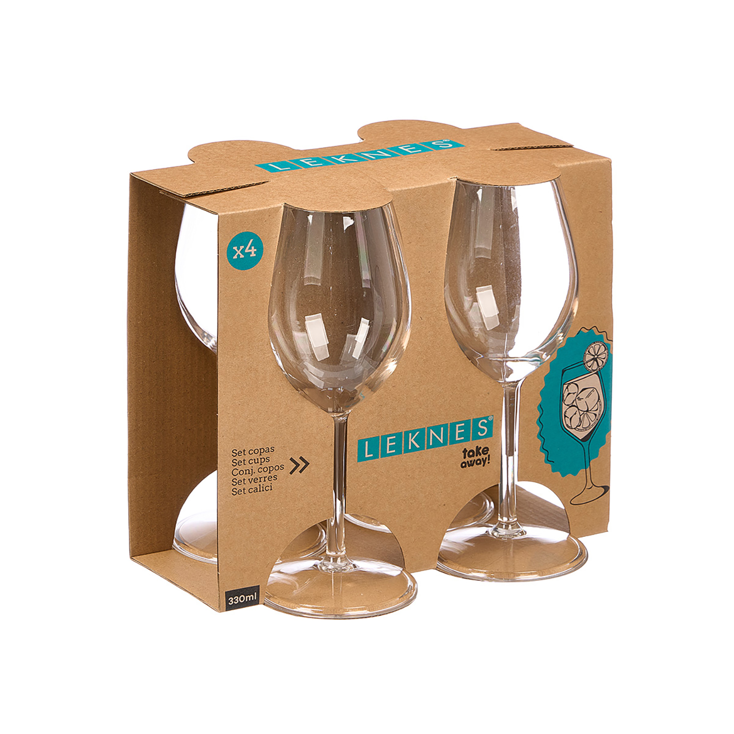 Una confezione di cartone da quattro bicchieri da vino, etichettata 'LEKNES'.