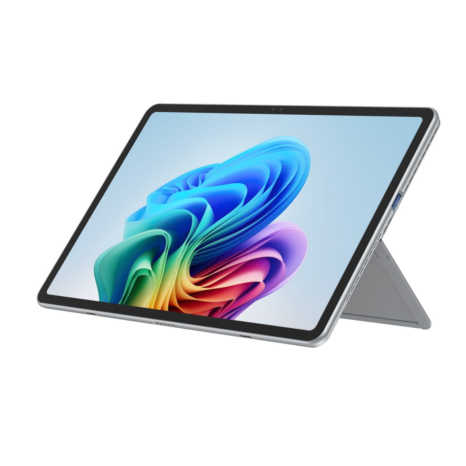Una tableta plateada con un fondo de pantalla colorido está apoyada en un soporte.