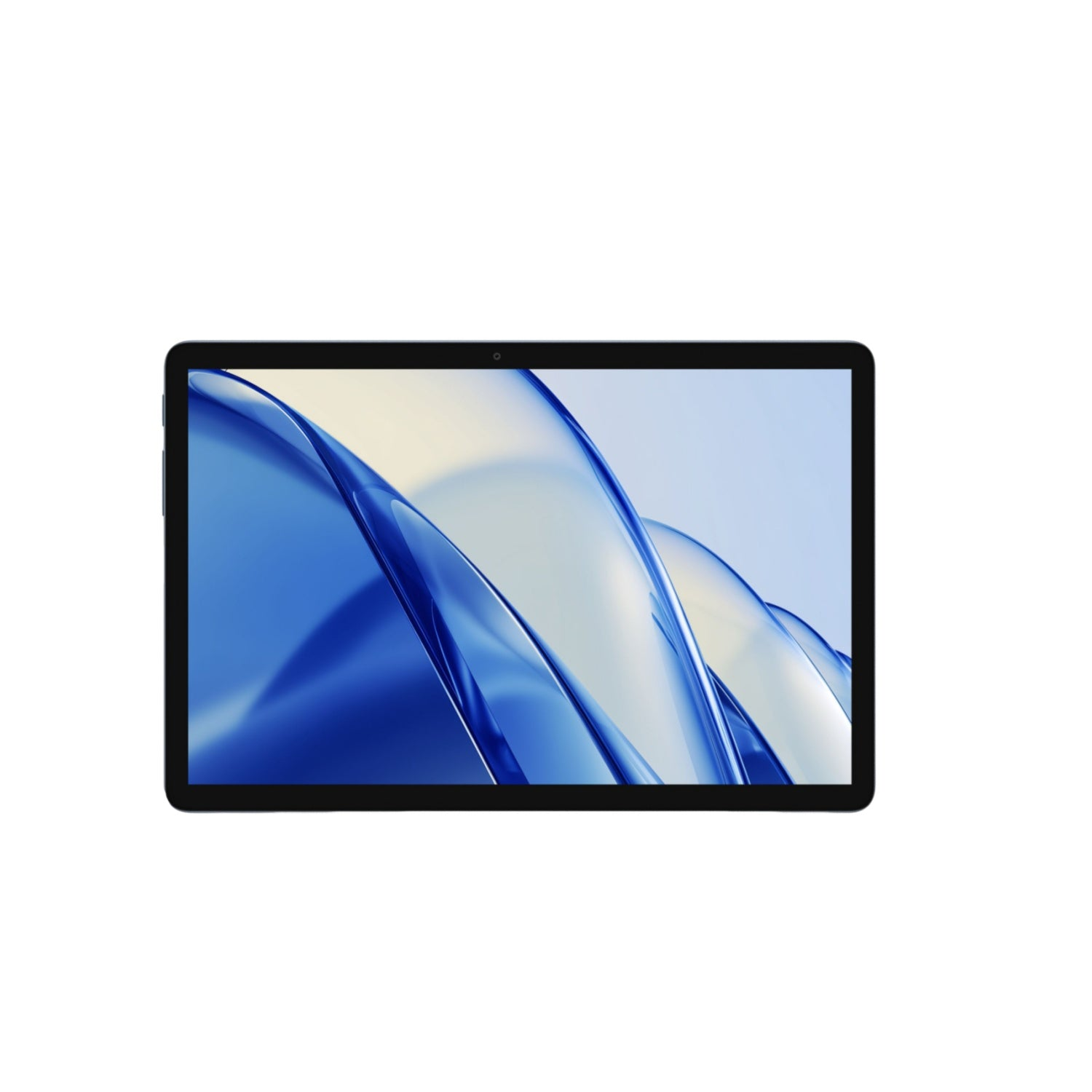 Una tableta negra que muestra un fondo de pantalla abstracto azul y blanco.