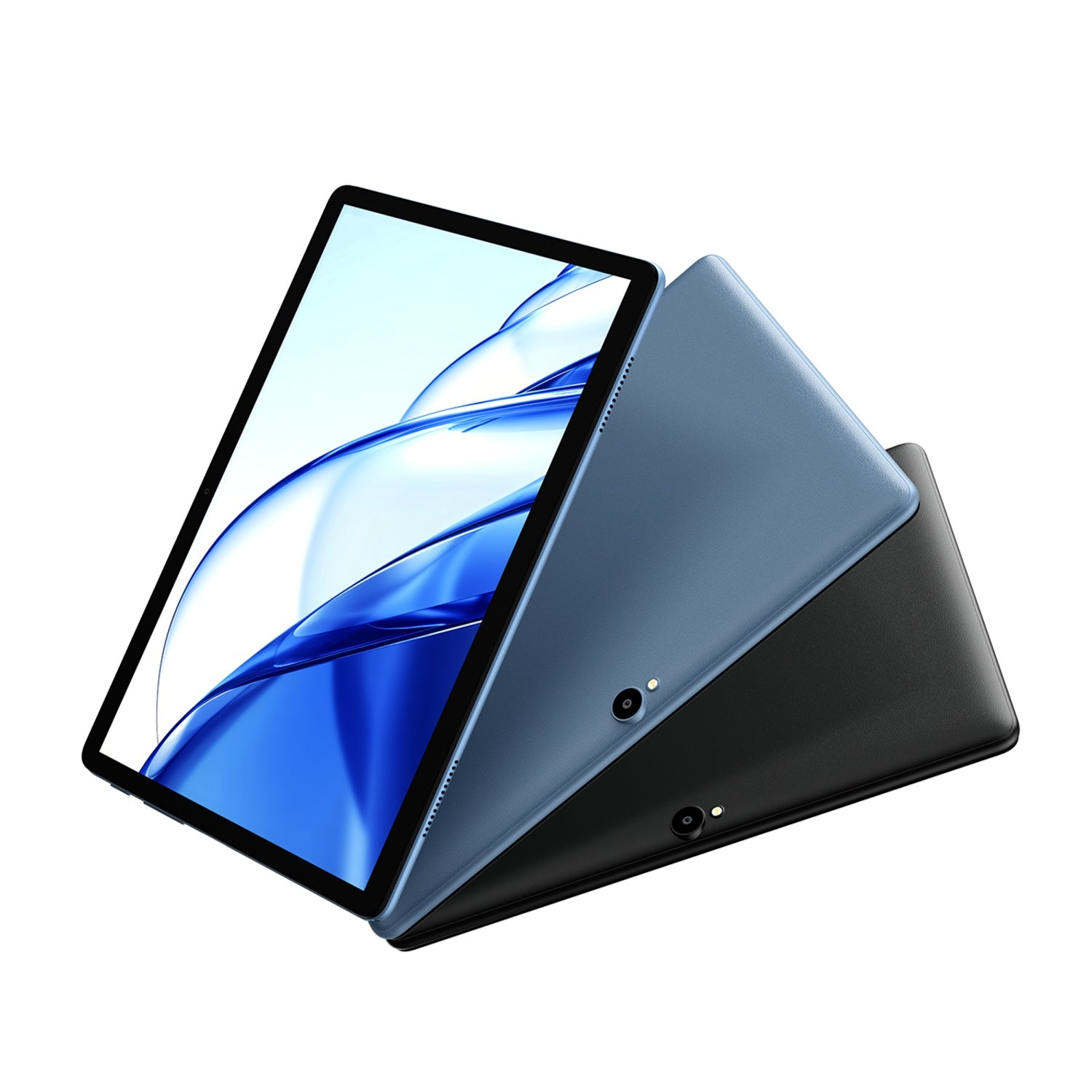 Dos tabletas, azul y negro, con cámaras traseras, fondo blanco.