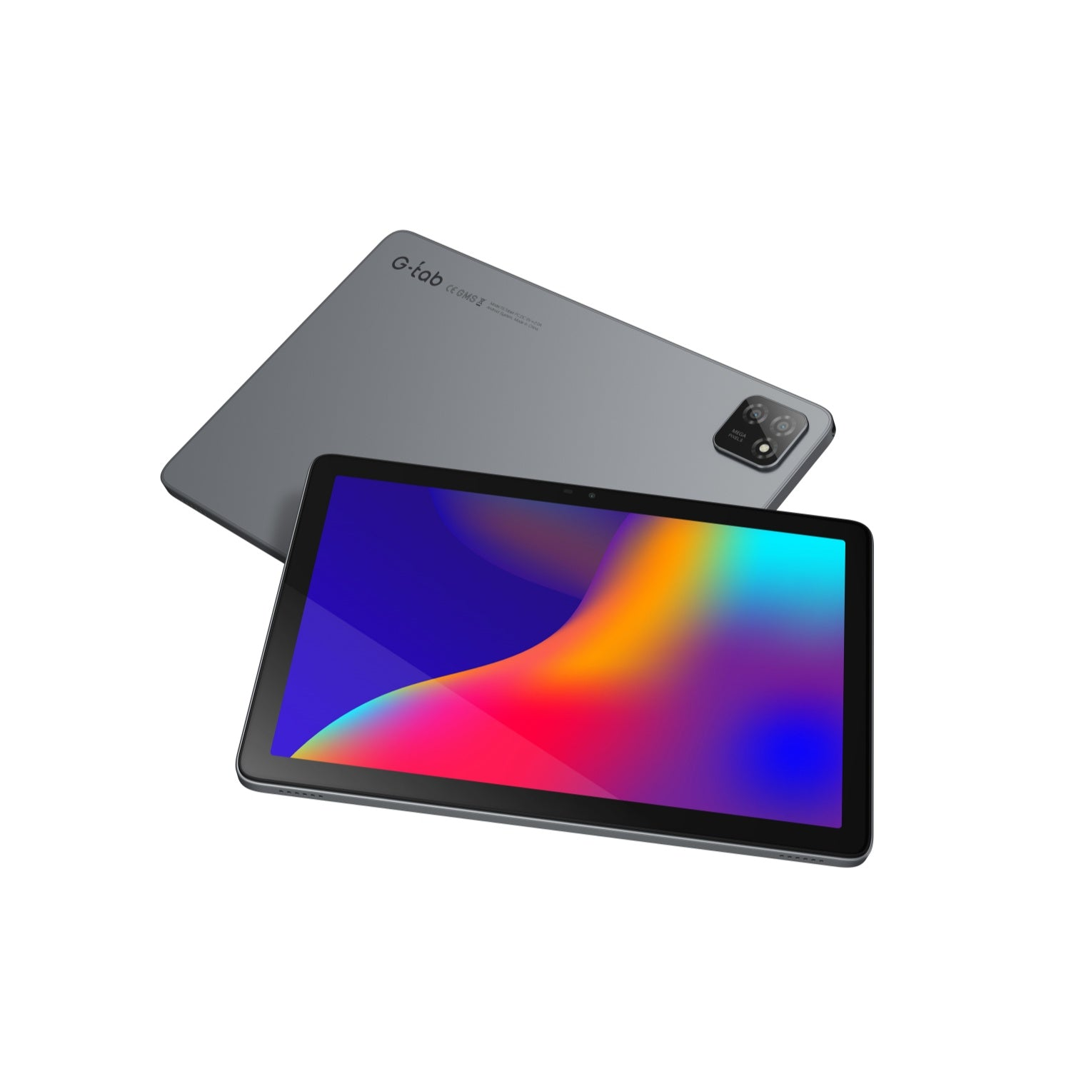 Una tableta gris con pantalla colorida y dos cámaras traseras.