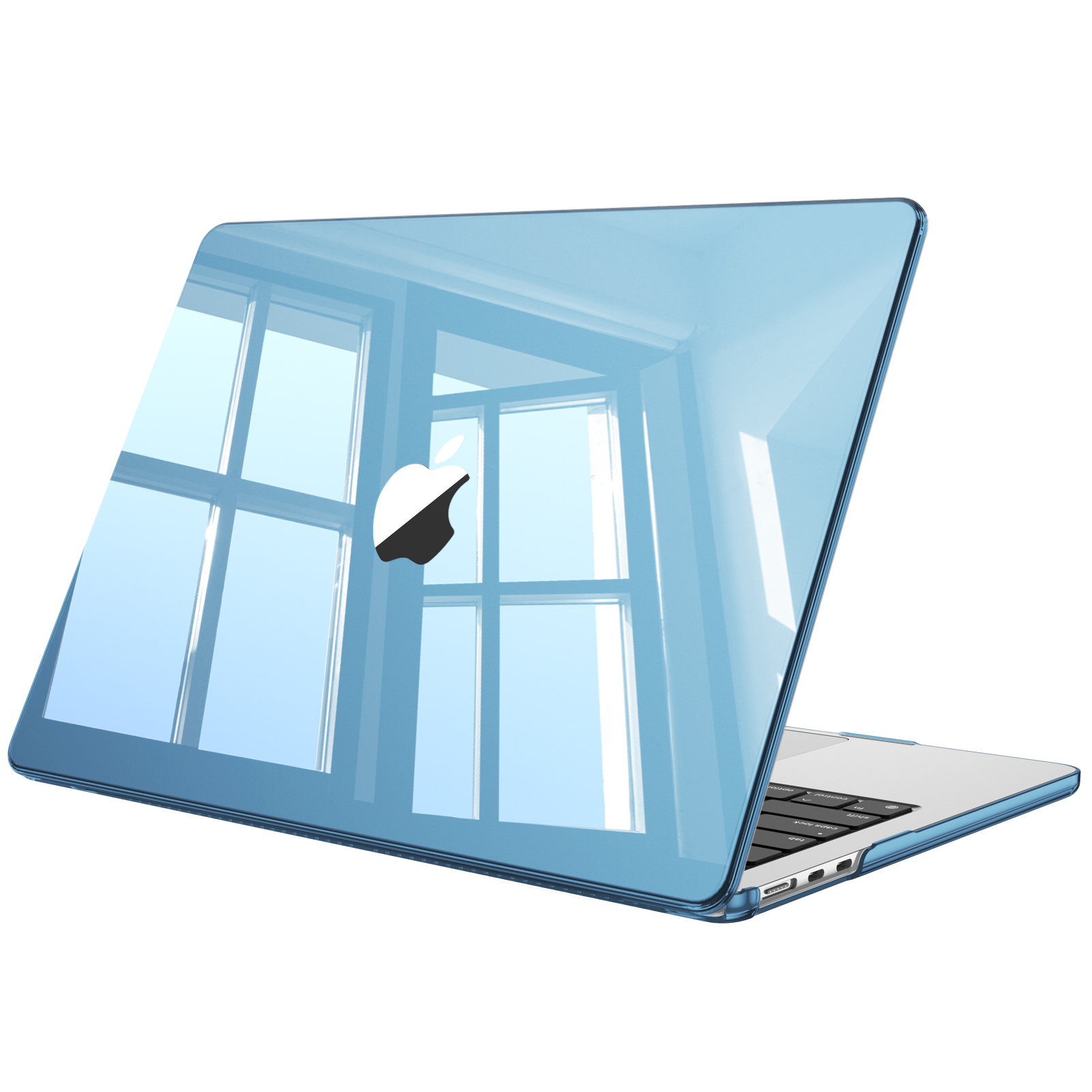 Blauer Laptop-Schutz mit Apple-Logo, reflektiert Fenster.
