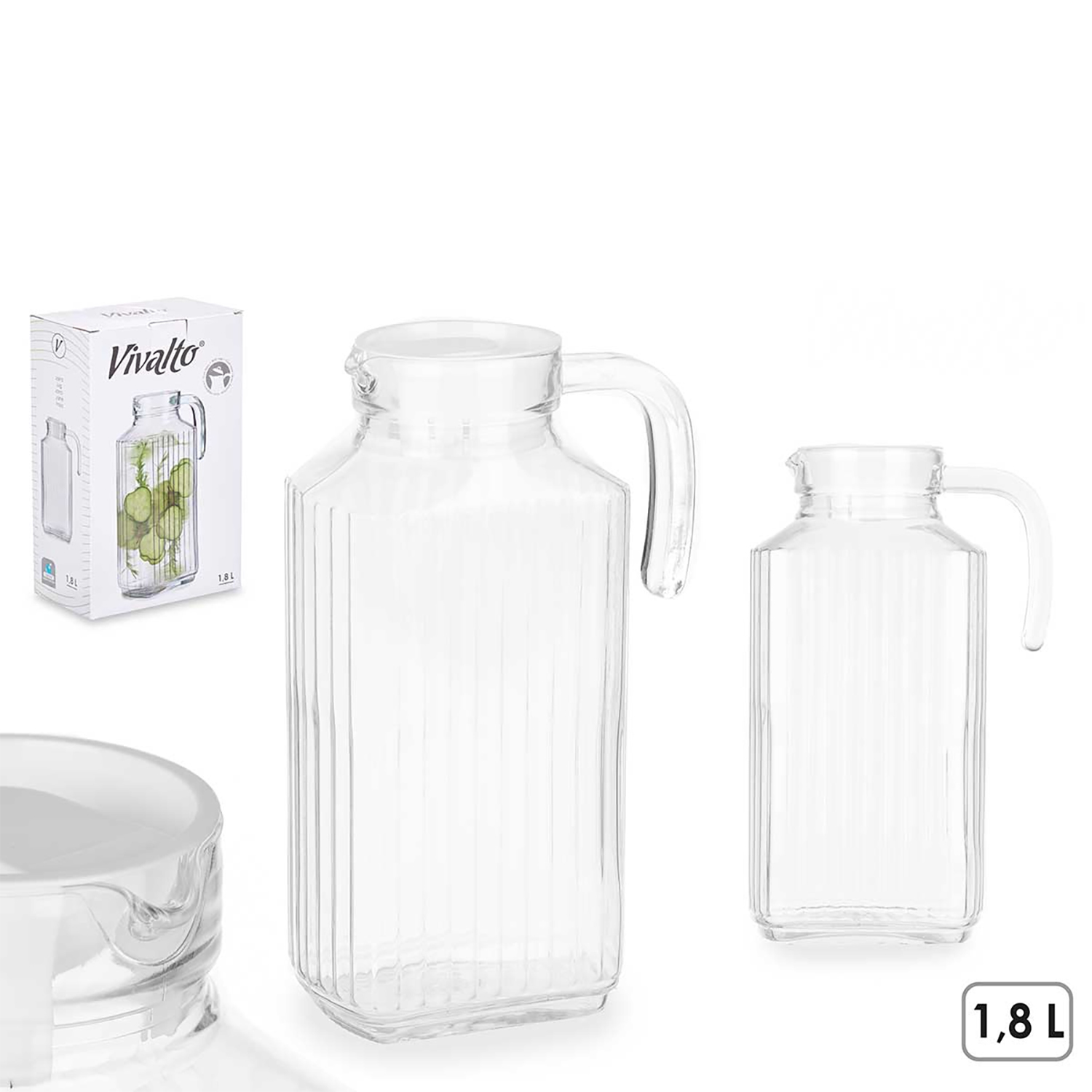 Due caraffe in vetro trasparente con manici, una grande e una piccola, con confezione.