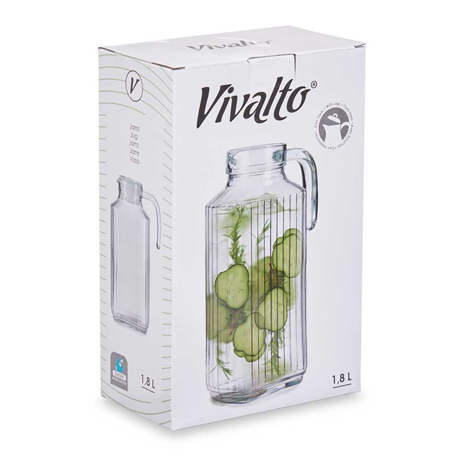 Scatola di una brocca di vetro da 1,8 L riempita con fettine di cetriolo ed erbe aromatiche.