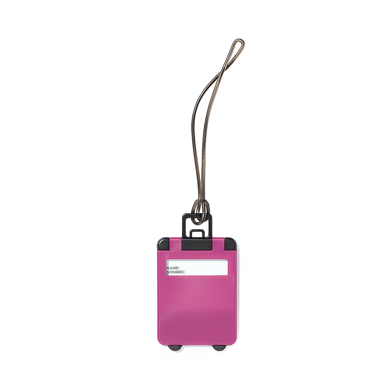 Un piccolo tag per bagagli rosa a forma di valigia.
