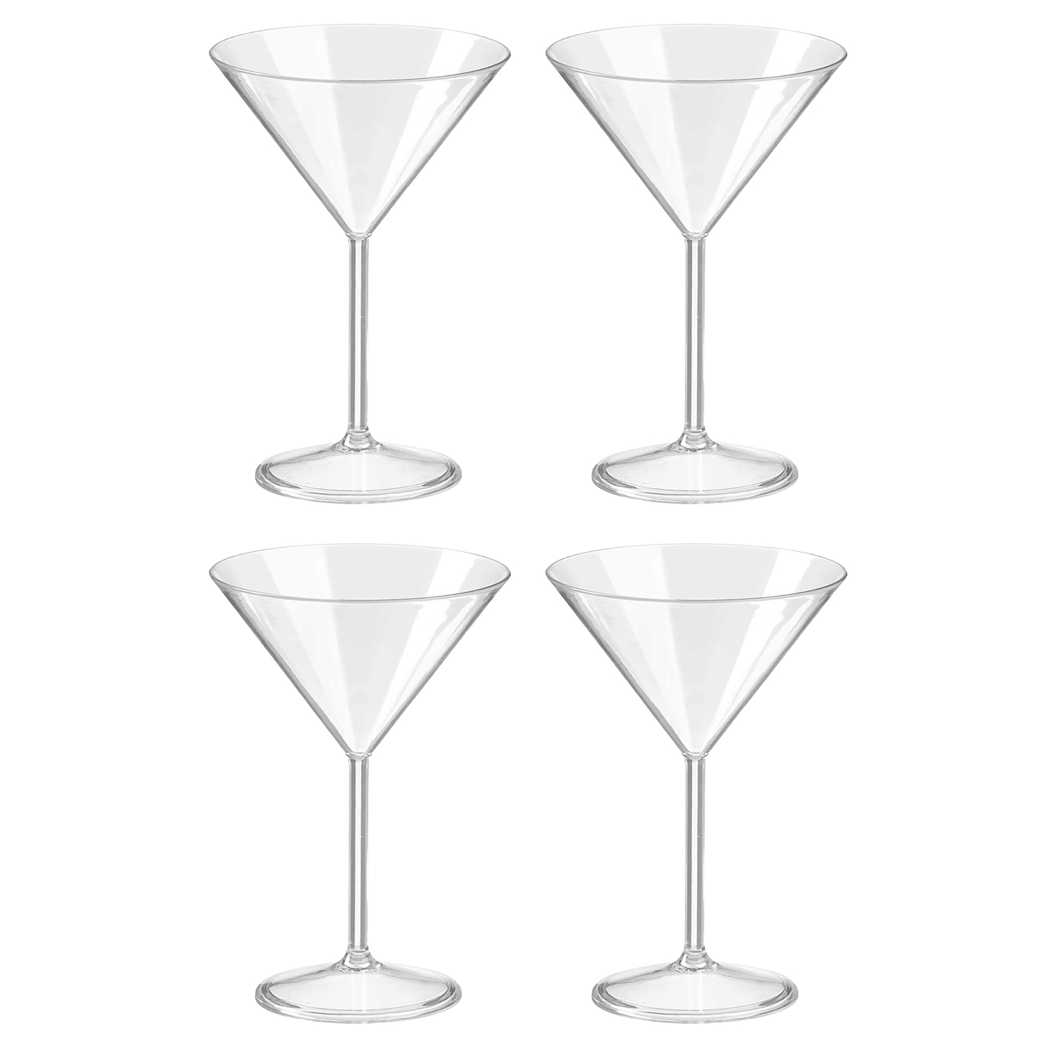 Quattro bicchieri da martini vuoti e trasparenti disposti su sfondo bianco.