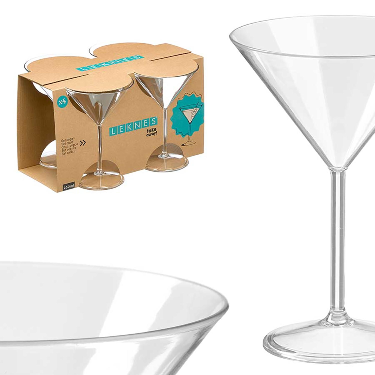 Quattro bicchieri da martini in plastica trasparente in una confezione di cartone, con un bicchiere mostrato separatamente.