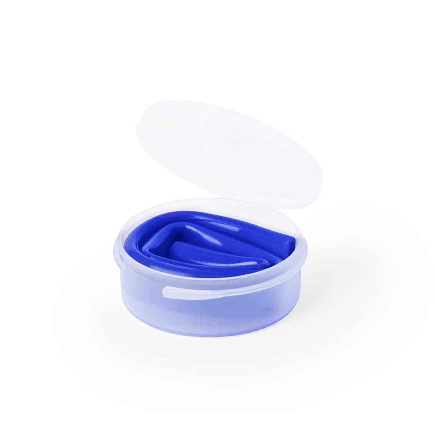 Una cannuccia pieghevole blu piegata in un contenitore di plastica trasparente.