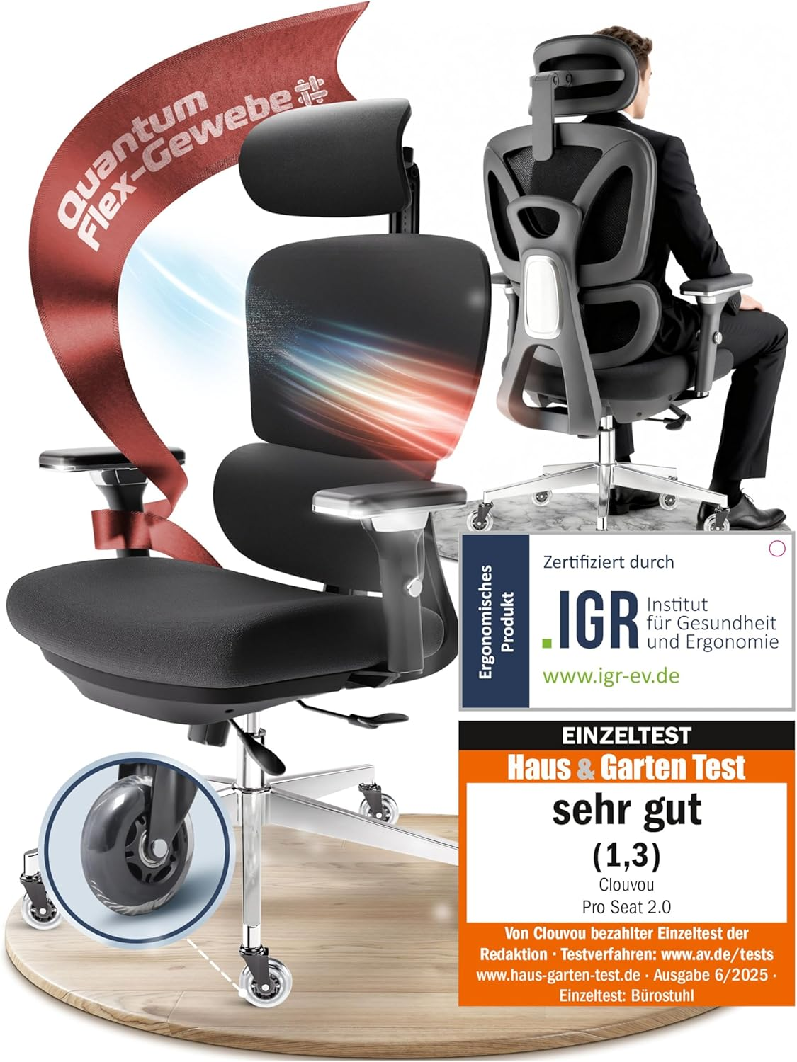 Ein Mann sitzt in einem schwarzen Bürostuhl mit IGR-Siegel und Testurteil.