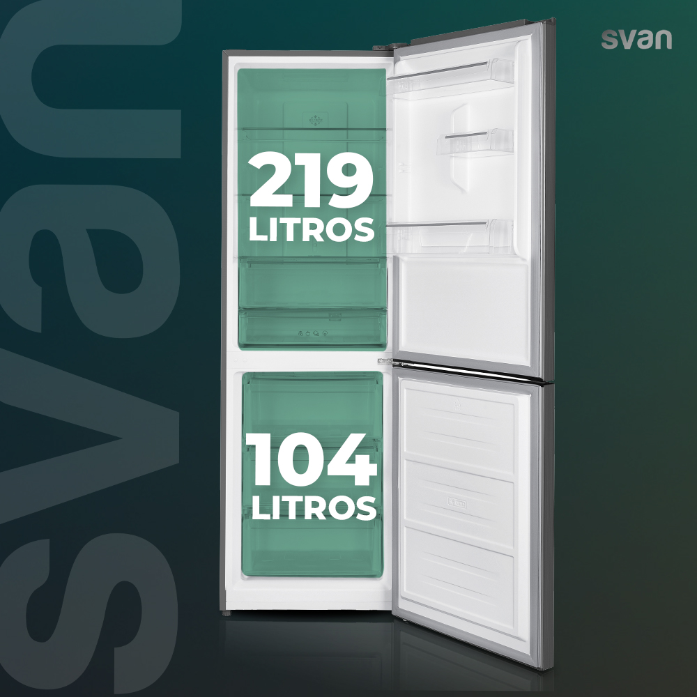 Refrigerador abierto con congelador de 104 litros y compartimento de 219 litros.