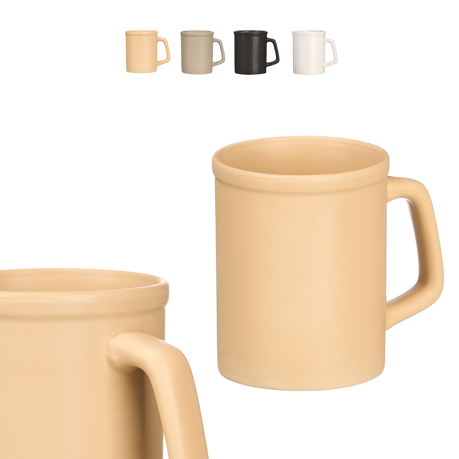 Quattro tazze in diversi colori: beige, grigio, nero e bianco. Due tazze beige da vicino.