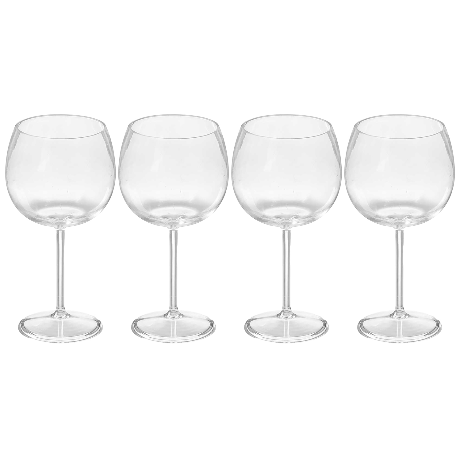 Quattro bicchieri da vino vuoti e trasparenti con stelo su sfondo bianco.