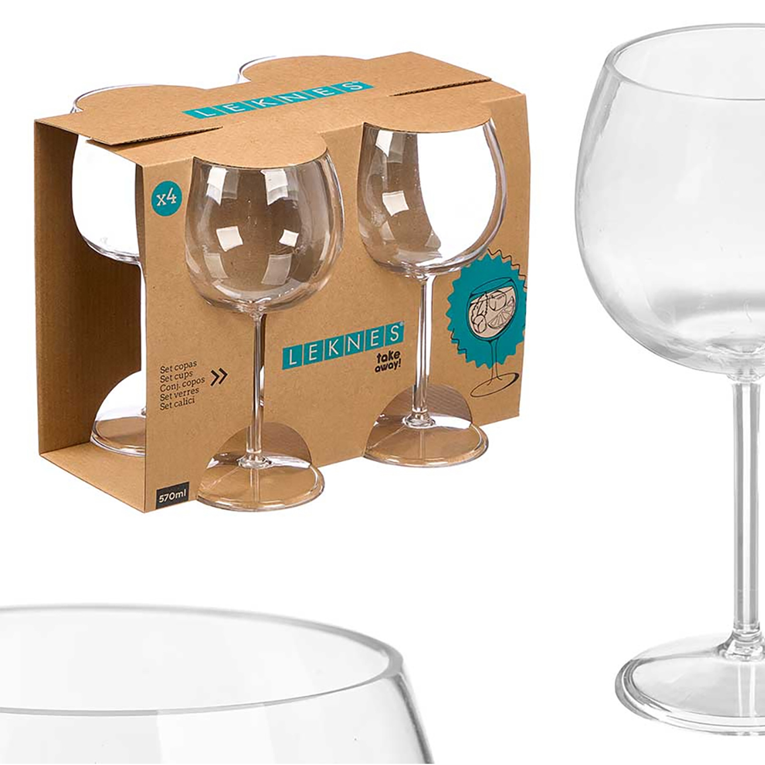 Una confezione da quattro bicchieri da vino con stelo e una confezione singola accanto.