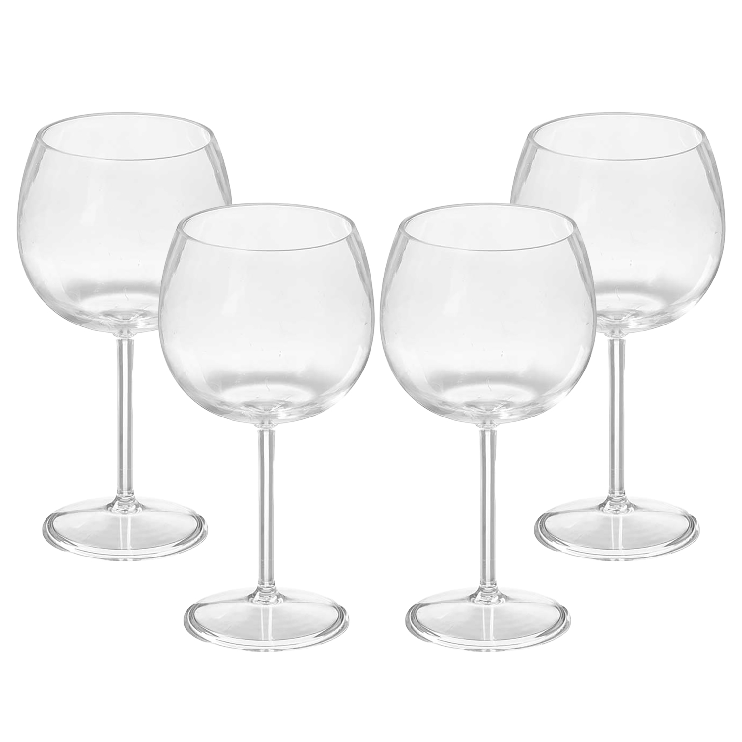 Quattro bicchieri da vino trasparenti e vuoti con ampie coppe su steli bianchi.