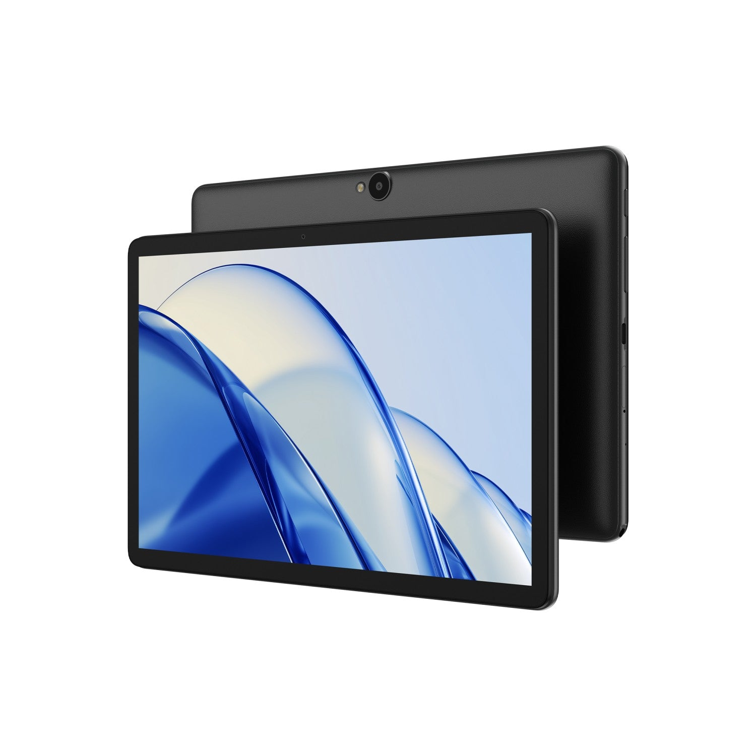 Una tableta negra con un fondo de pantalla azul y blanco. Vista trasera.