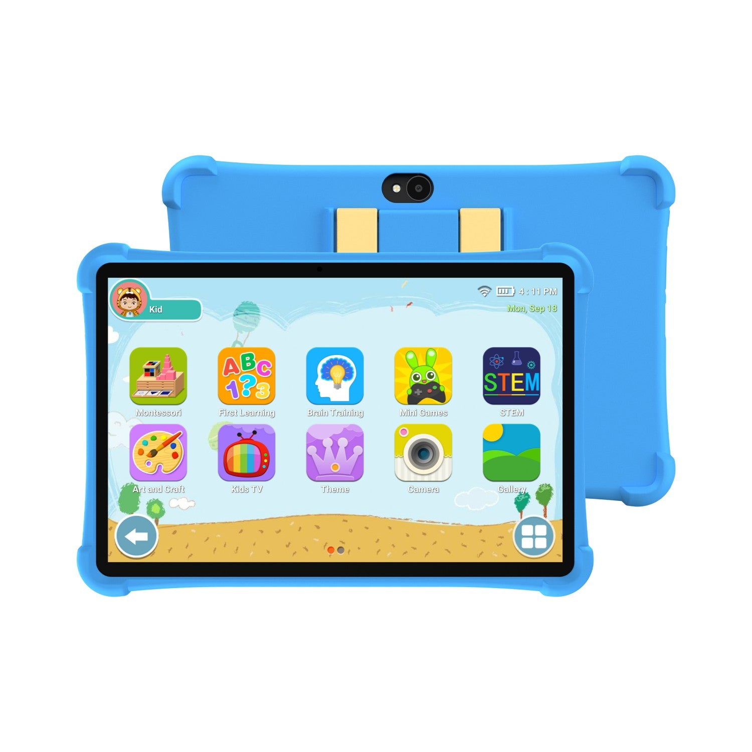 Una tablet azul con interfaz infantil que muestra apps como STEM, Cámara y Juegos.