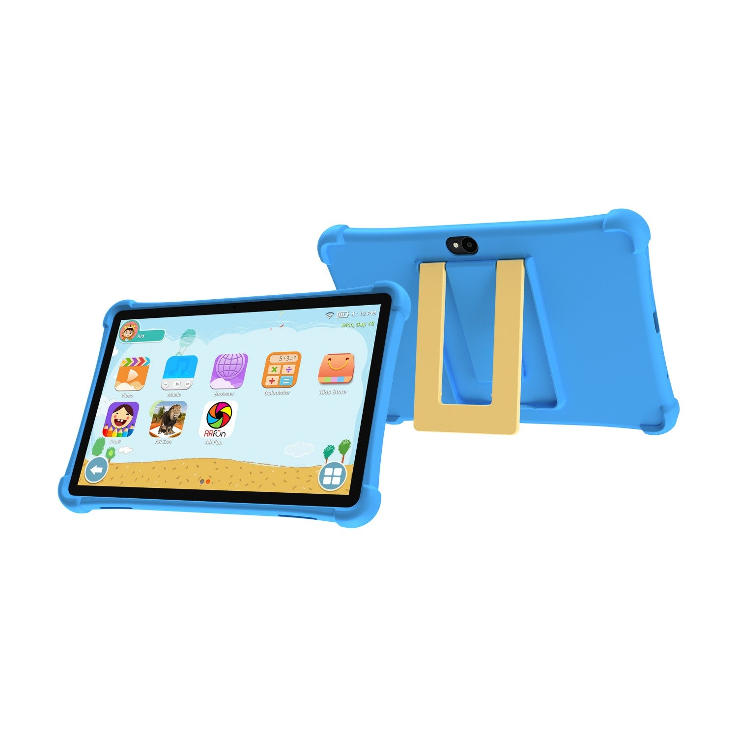 Dos tabletas azules con soportes, una delante mostrando apps, otra detrás.