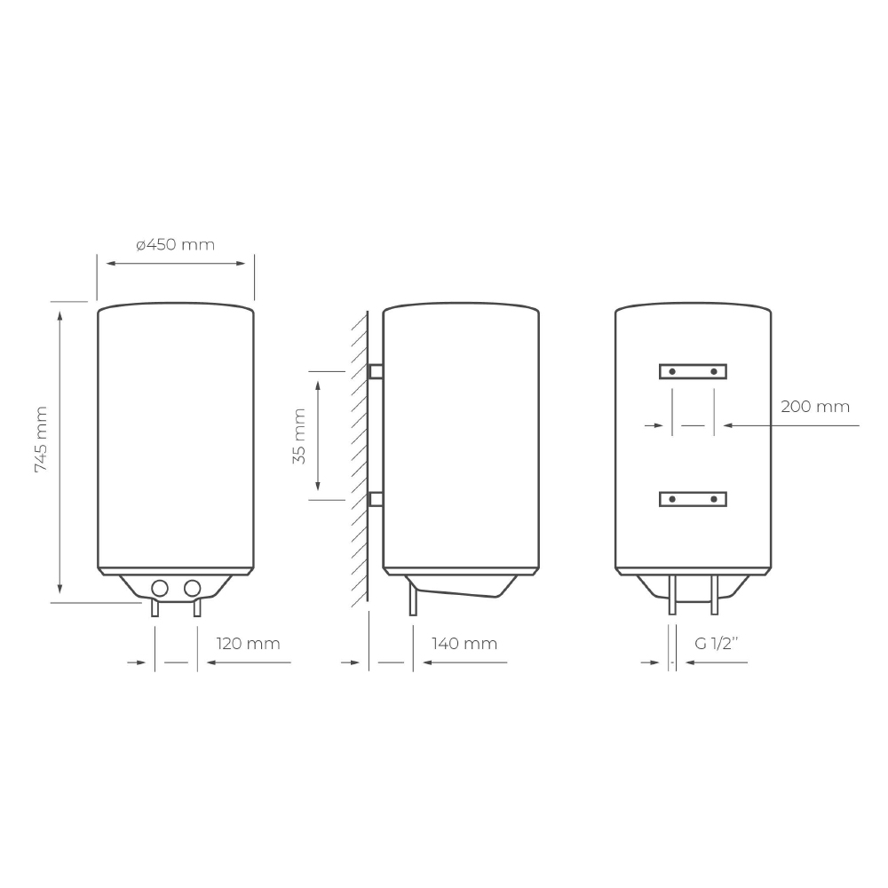 Dibujo técnico de un calentador de agua con dimensiones.
