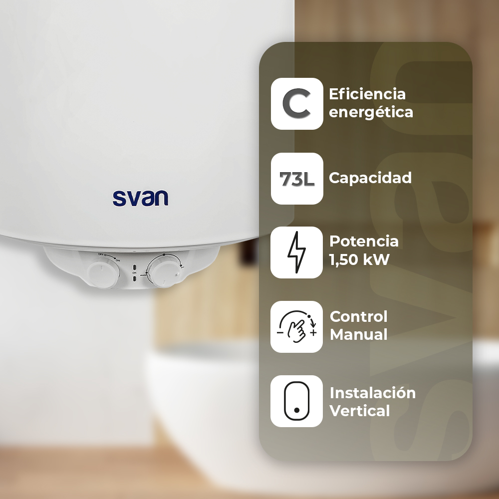 Calentador de agua blanco con logo "svan". Características: Eficiencia C, 73L, 1,50kW.