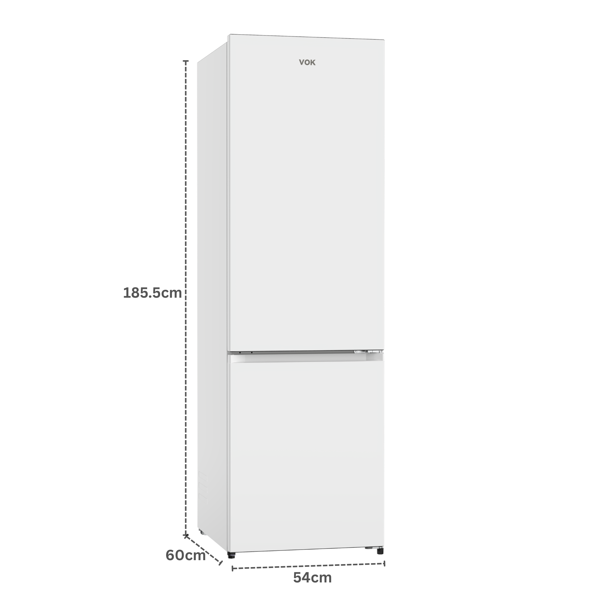Un frigorífico-congelador blanco VOK, de 185,5 cm de alto, 60 cm de fondo, 54 cm de ancho.