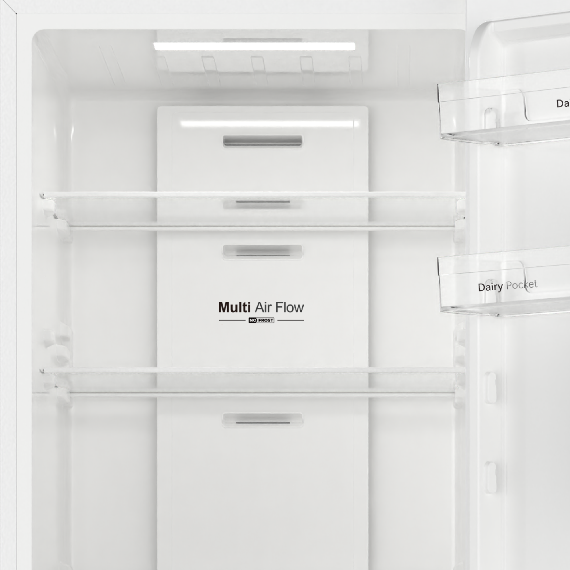 Interior vacío de refrigerador con estantes y un compartimento en la puerta.