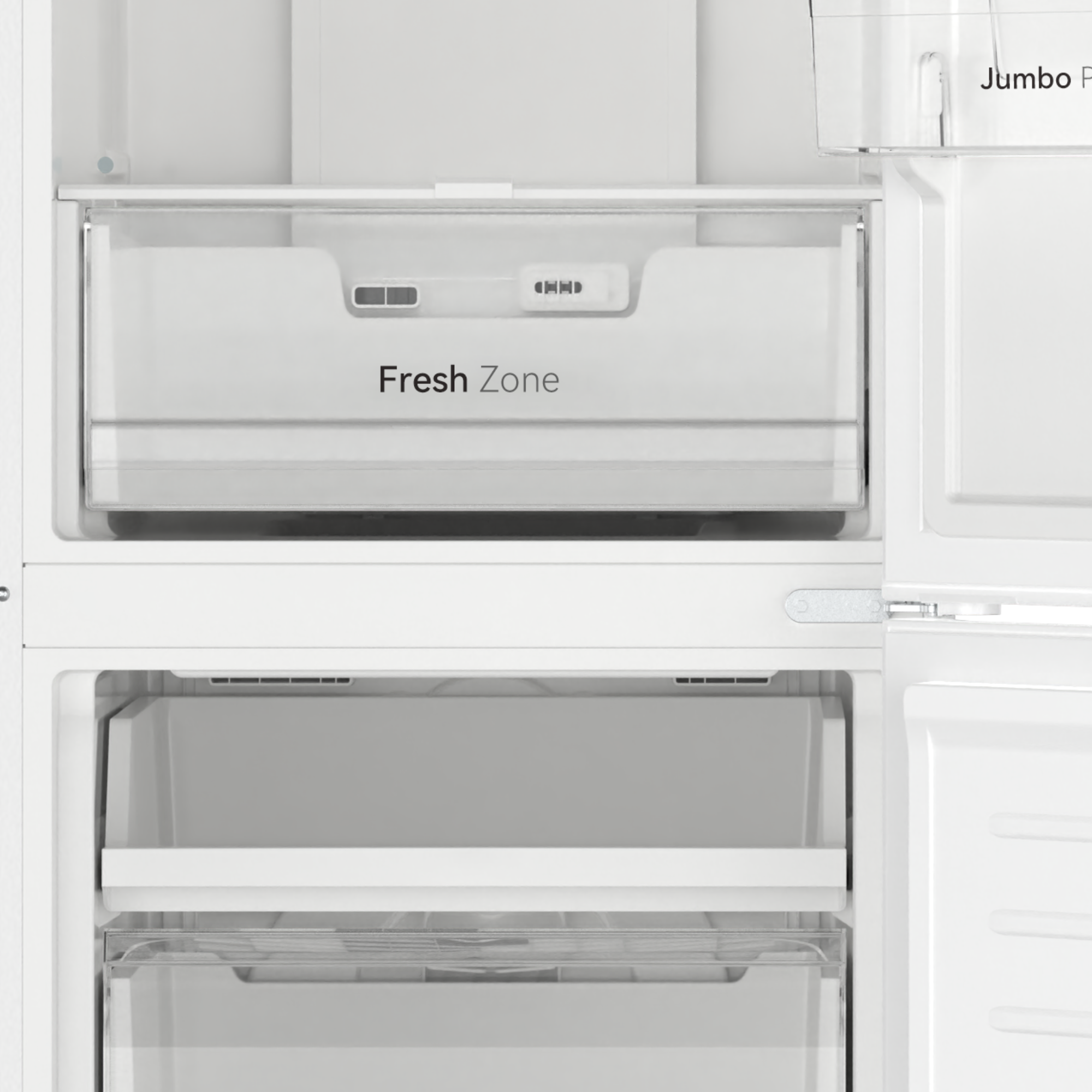 Compartimentos blancos de refrigerador con cajón 'Fresh Zone' y recipientes transparentes.