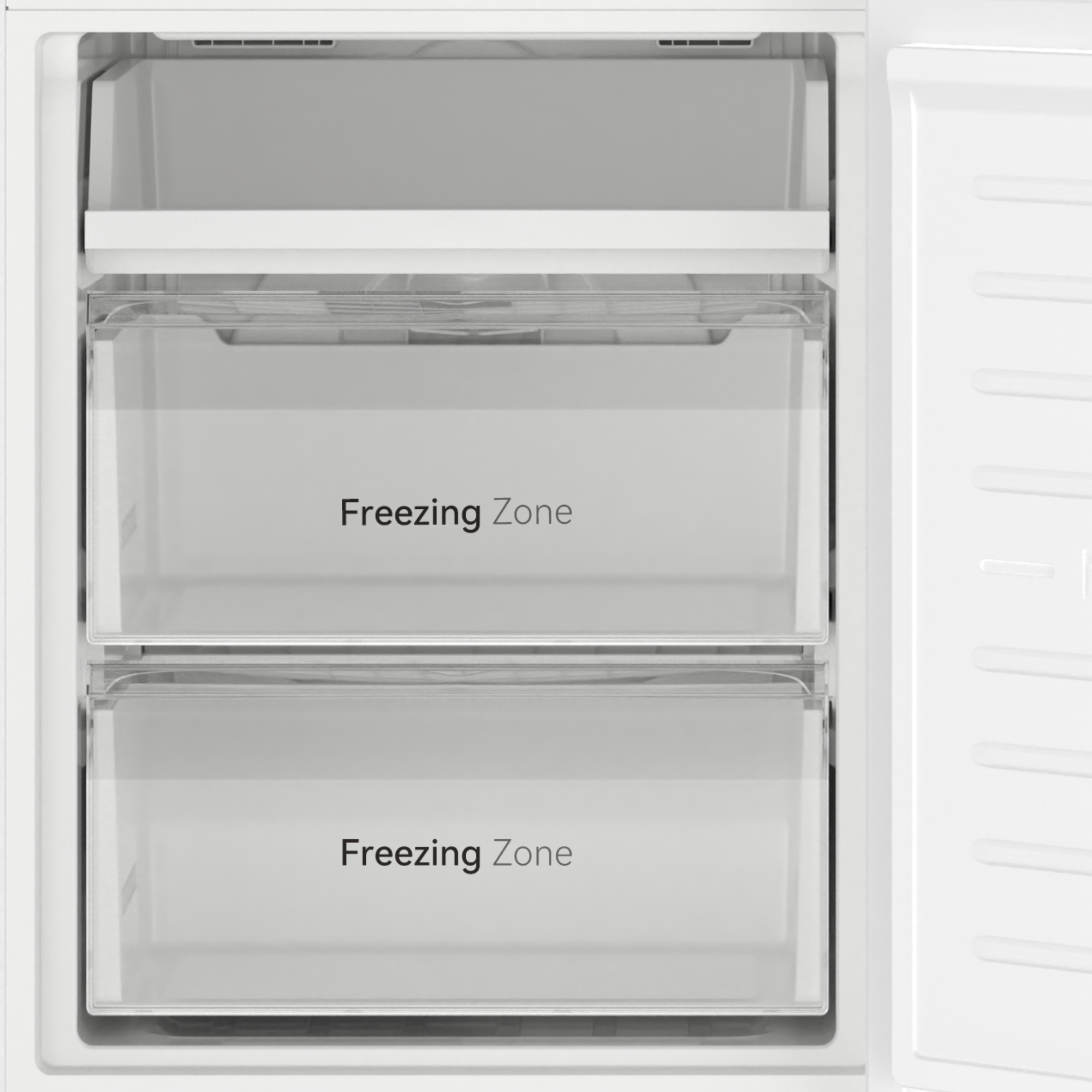 Vista interior de un refrigerador con dos cajones transparentes "Freezing Zone".
