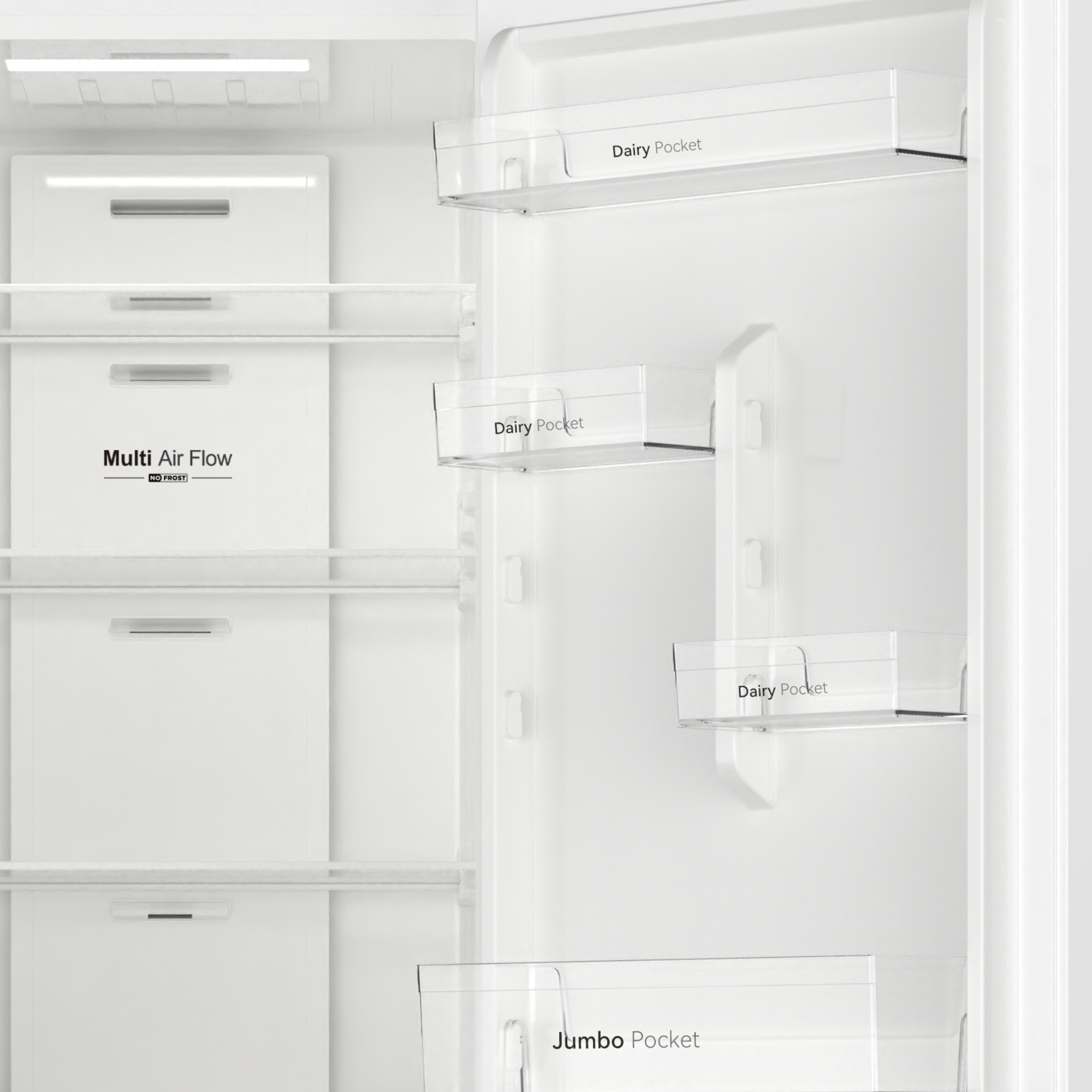 Vista interior de un refrigerador blanco con estantes y compartimentos 'Dairy Pocket'.