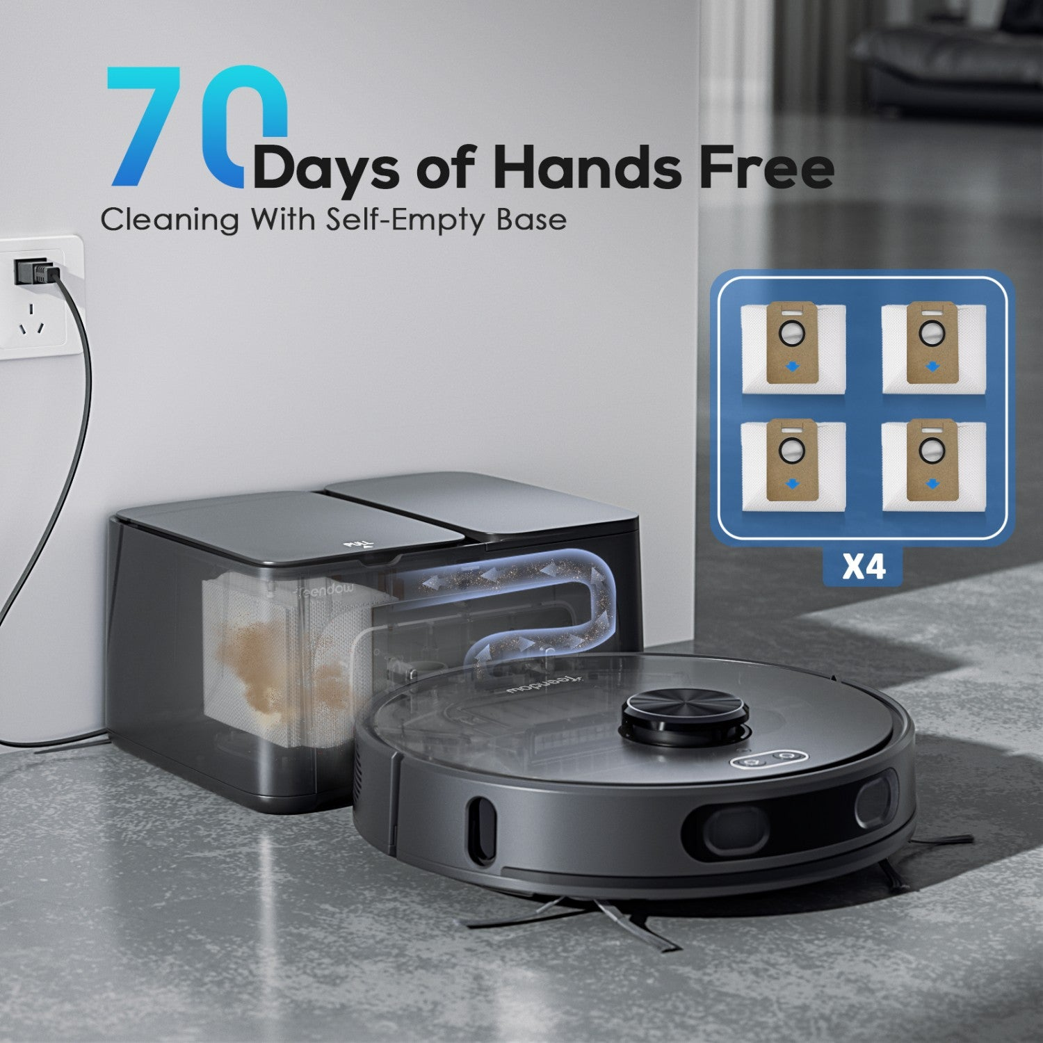 Un robot aspirador con base de autovaciado, mostrando 70 días de limpieza sin manos.