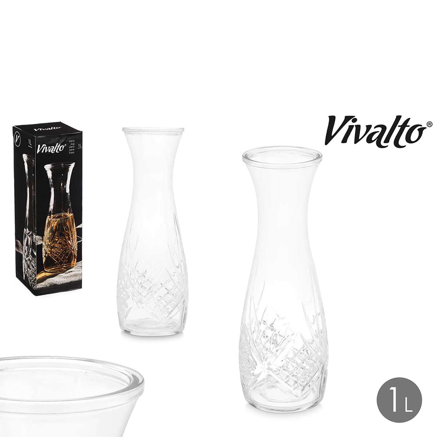 Dos jarras de vidrio transparente con patrón de cristal, una con embalaje y un bol.