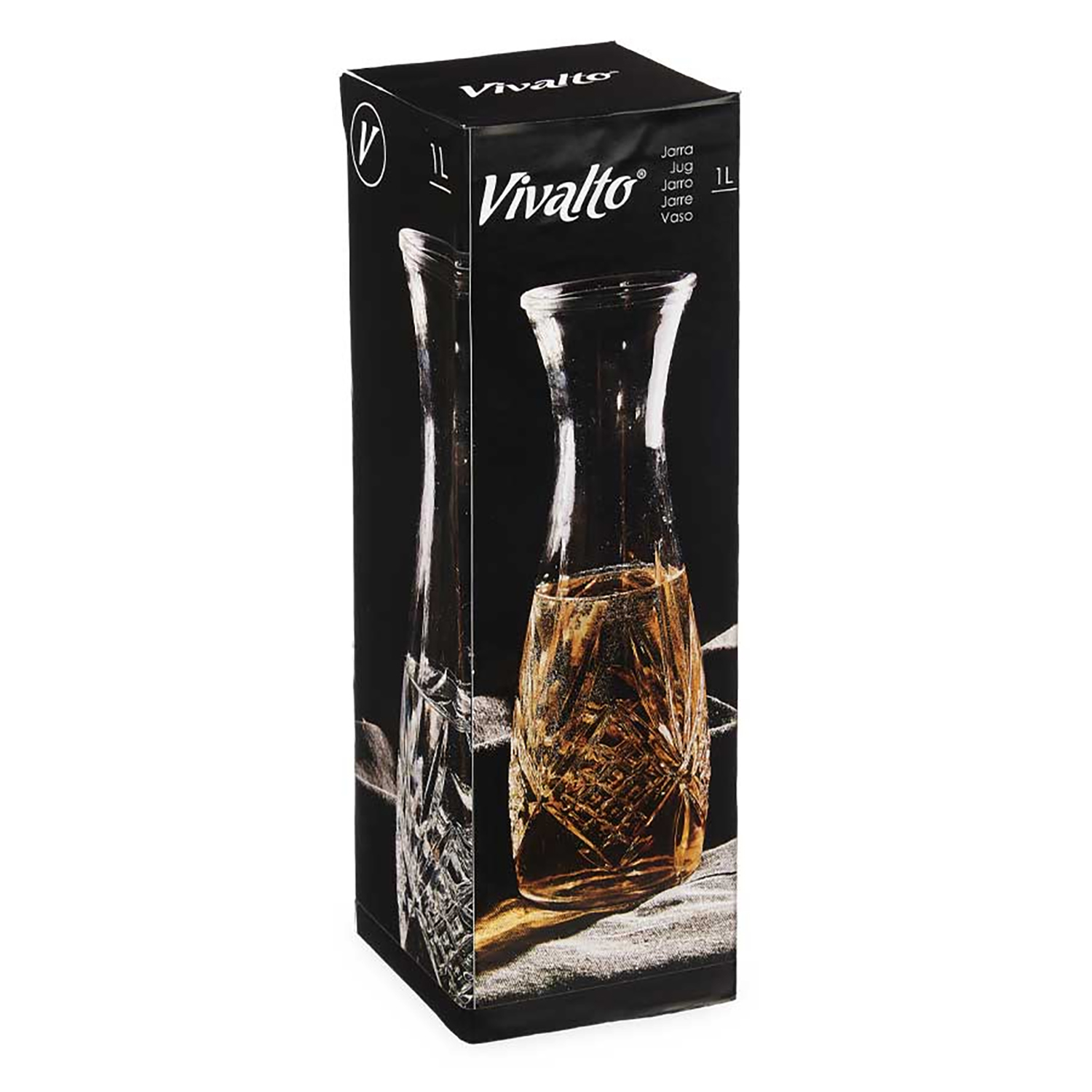 Caja para una jarra de 1L con patrón y líquido ámbar.