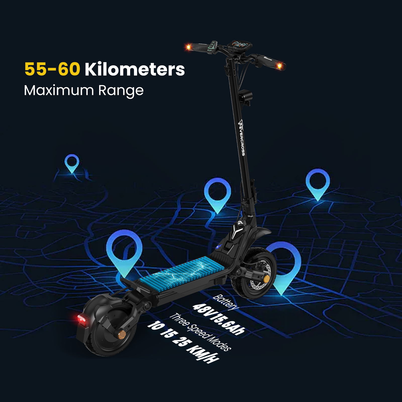 Schwarzer Elektroroller mit 55-60 km Reichweite und 48V 15.6Ah Akku.