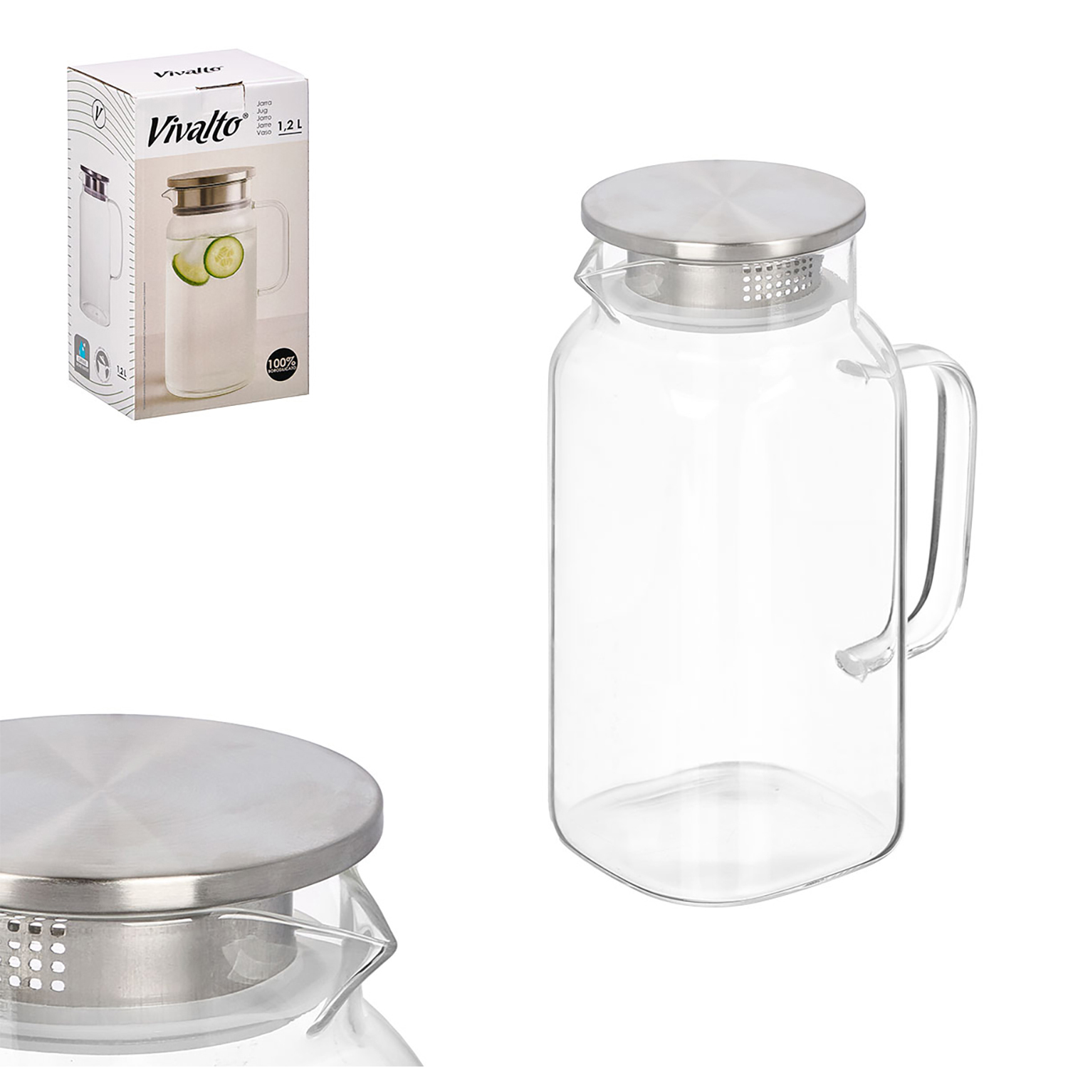 Jarra de vidrio transparente con tapa plateada, capacidad de 1,2 L.