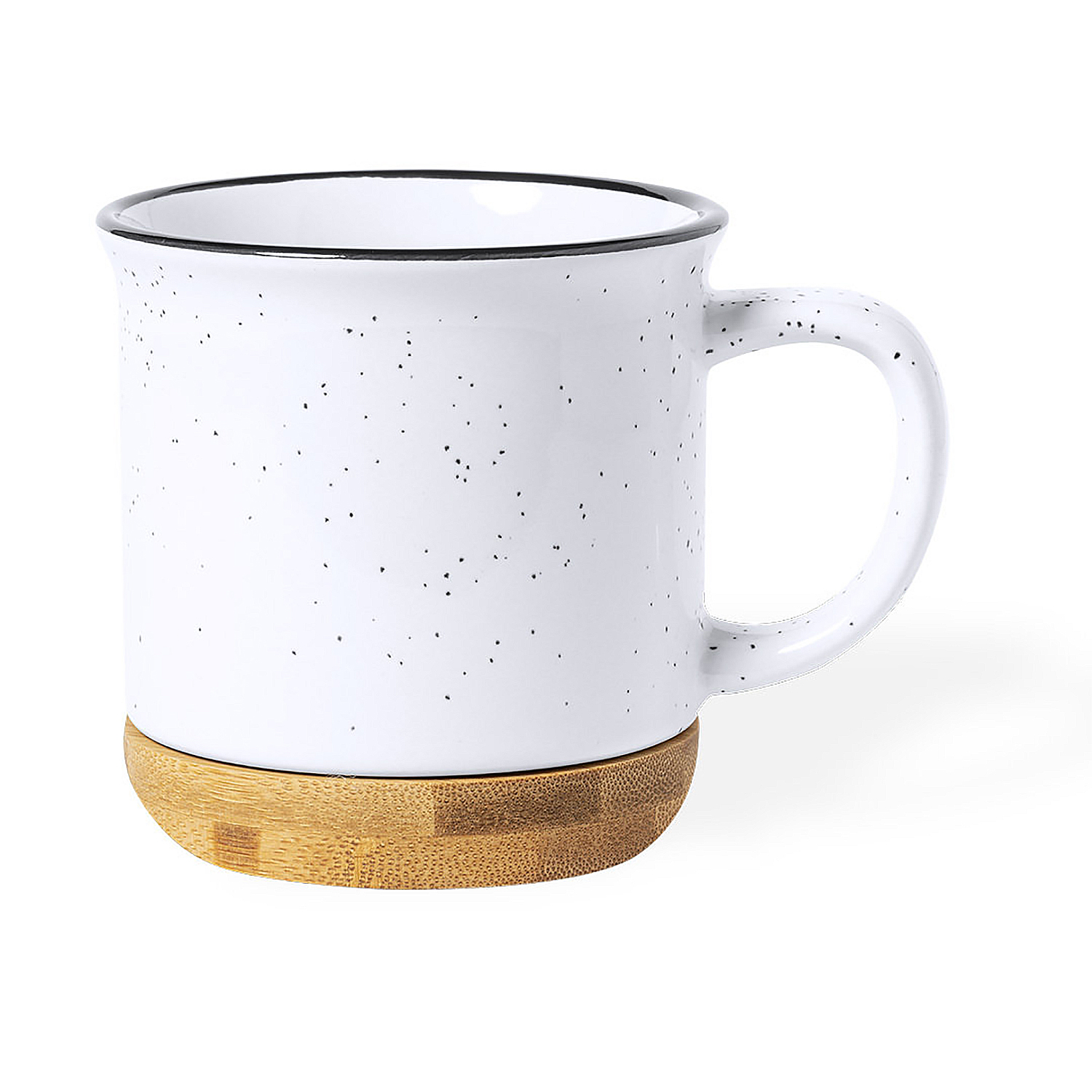 Una tazza bianca con macchie nere e base in legno.